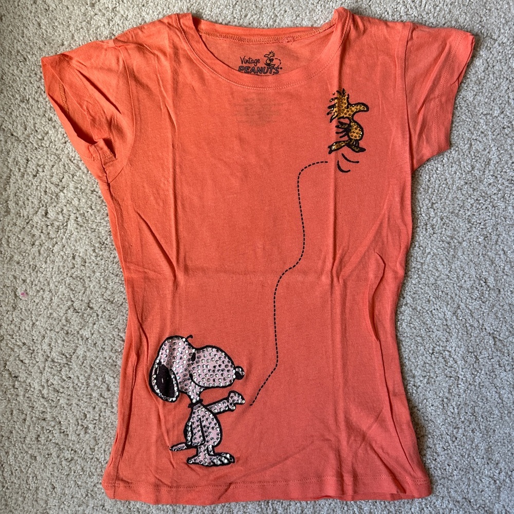 Vintage Peanuts Orange Tee w/ Rhinestones Snoopy and Woodstock 100% Cotton Small